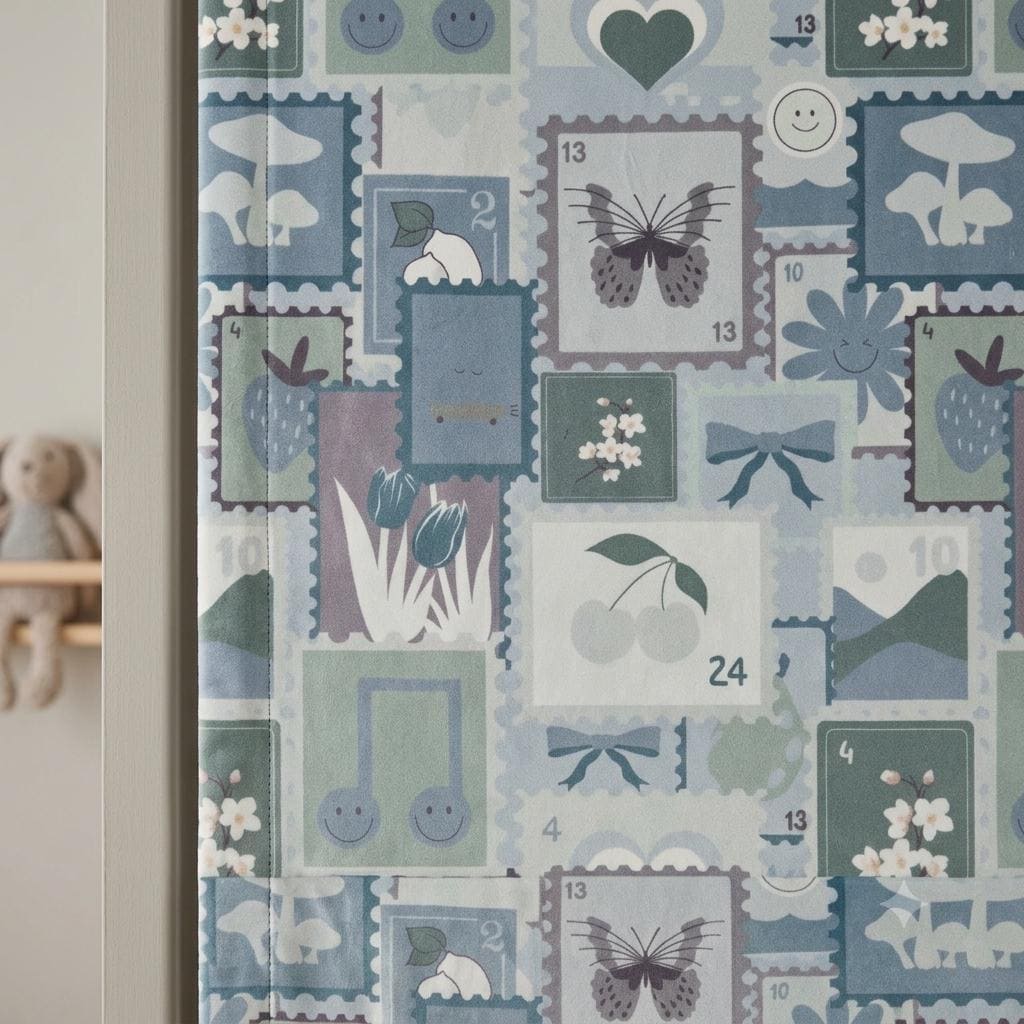 Pastel Blue Velvet Roman Shade, Sage Green Floral Butterfly & Bow Stamp Print, Custom Corded Nursery Blind, Blackout Option — image 4