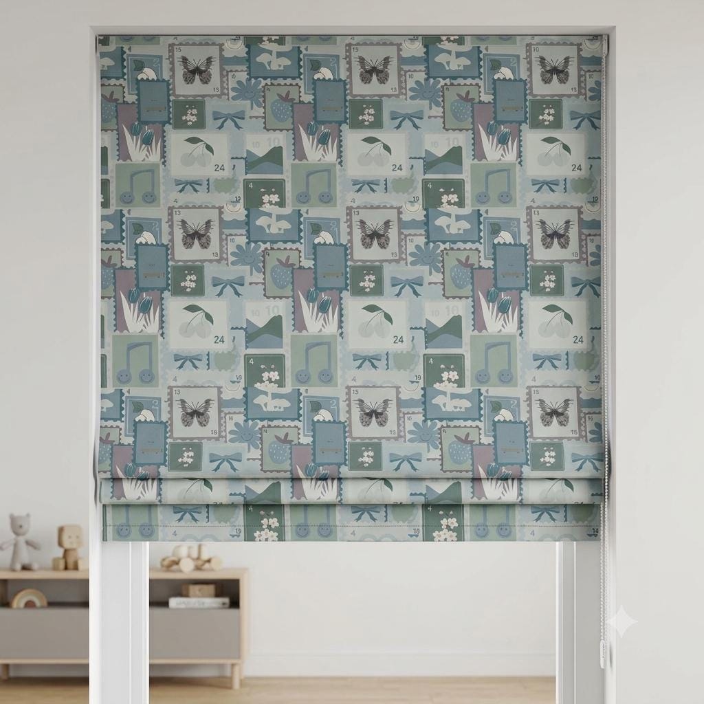Pastel Blue Velvet Roman Shade, Sage Green Floral Butterfly & Bow Stamp Print, Custom Corded Nursery Blind, Blackout Option — image 1