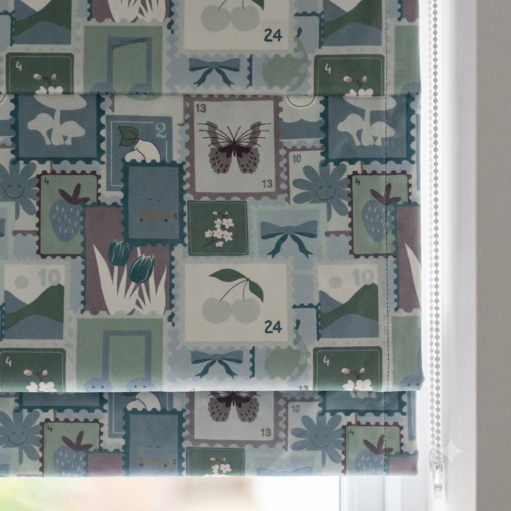 Pastel Blue Velvet Roman Shade, Sage Green Floral Butterfly & Bow Stamp Print, Custom Corded Nursery Blind, Blackout Option — image 7