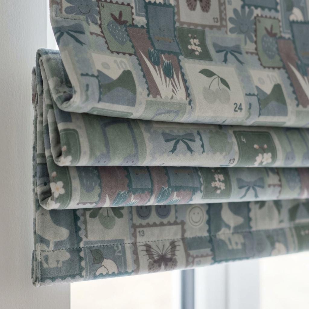 Pastel Blue Velvet Roman Shade, Sage Green Floral Butterfly & Bow Stamp Print, Custom Corded Nursery Blind, Blackout Option — image 9