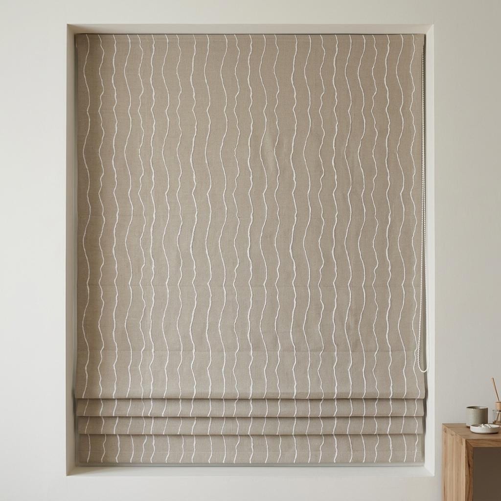 Natural Beige Linen Roman Shade, Ivory Wavy Stripe Embroidered Blind, Custom Corded Blackout Window Shade — image 4