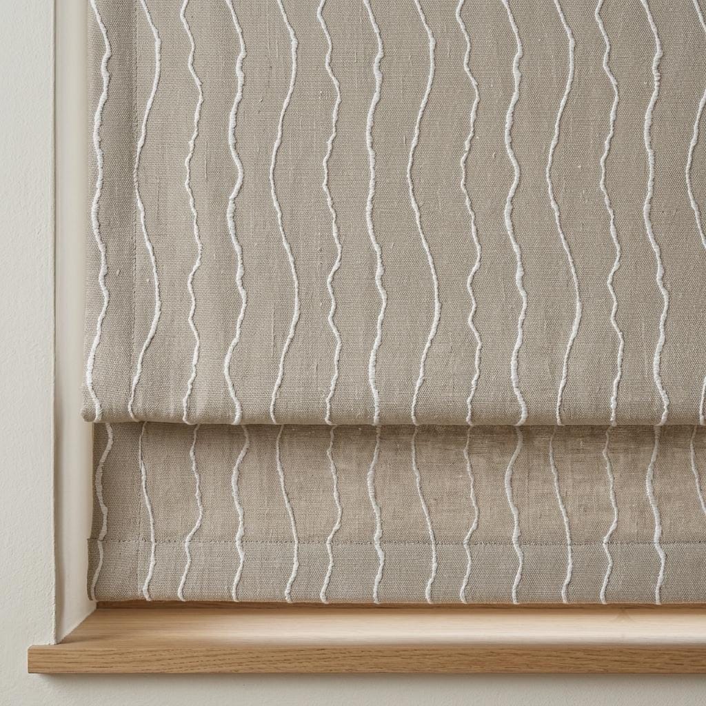 Natural Beige Linen Roman Shade, Ivory Wavy Stripe Embroidered Blind, Custom Corded Blackout Window Shade — image 3