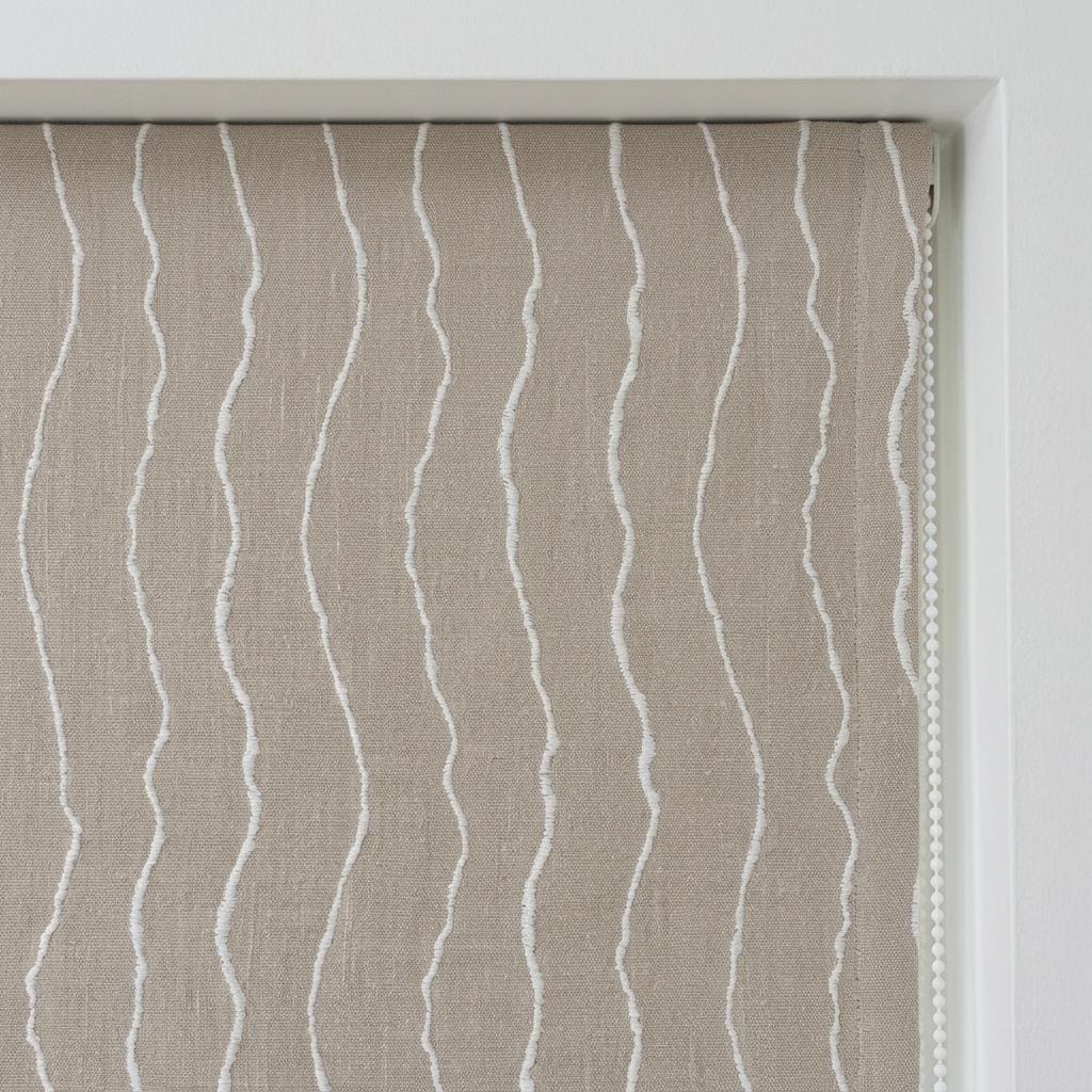 Natural Beige Linen Roman Shade, Ivory Wavy Stripe Embroidered Blind, Custom Corded Blackout Window Shade — image 6