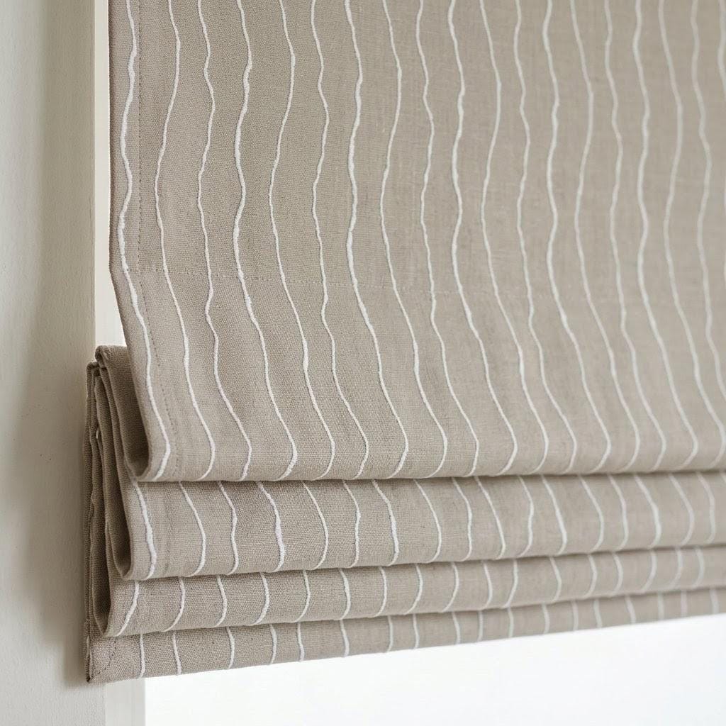 Natural Beige Linen Roman Shade, Ivory Wavy Stripe Embroidered Blind, Custom Corded Blackout Window Shade — image 1