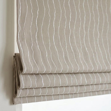 Natural Beige Linen Roman Shade, Ivory Wavy Stripe Embroidered Blind, Custom Corded Blackout Window Shade — image 1