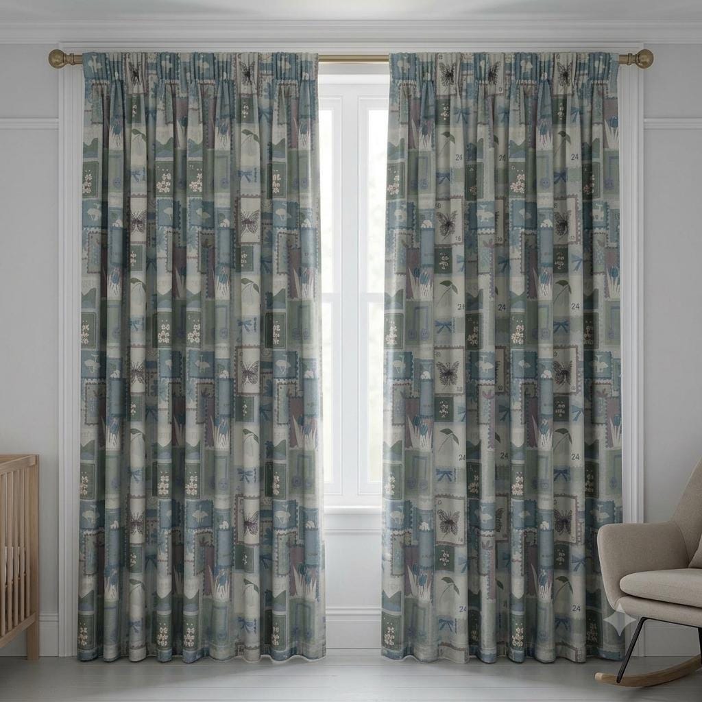 Pastel Blue Velvet Nursery Curtains, Bow & Butterfly Postage Stamp Print, Custom Kids Room Drapes, Optional Blackout Lining — image 6