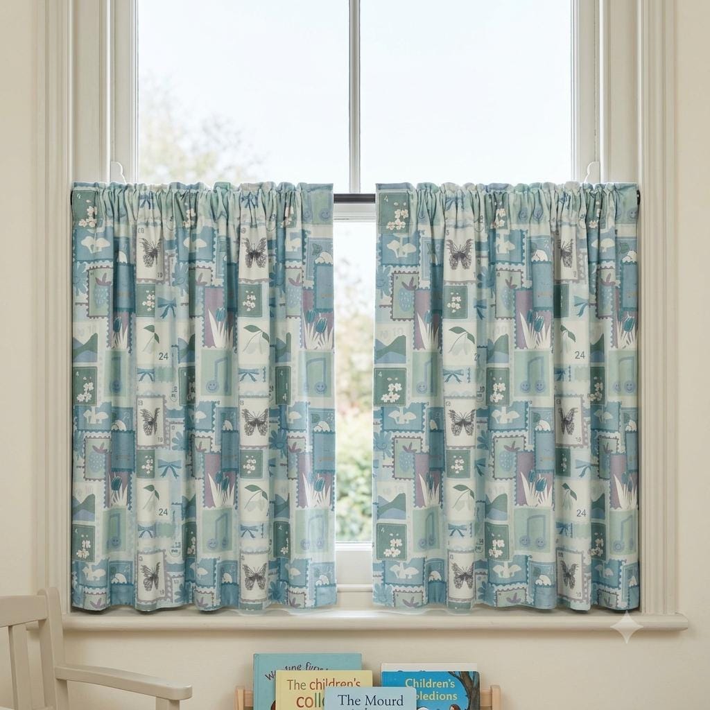 Pastel Blue Velvet Nursery Curtains, Bow & Butterfly Postage Stamp Print, Custom Kids Room Drapes, Optional Blackout Lining — image 9
