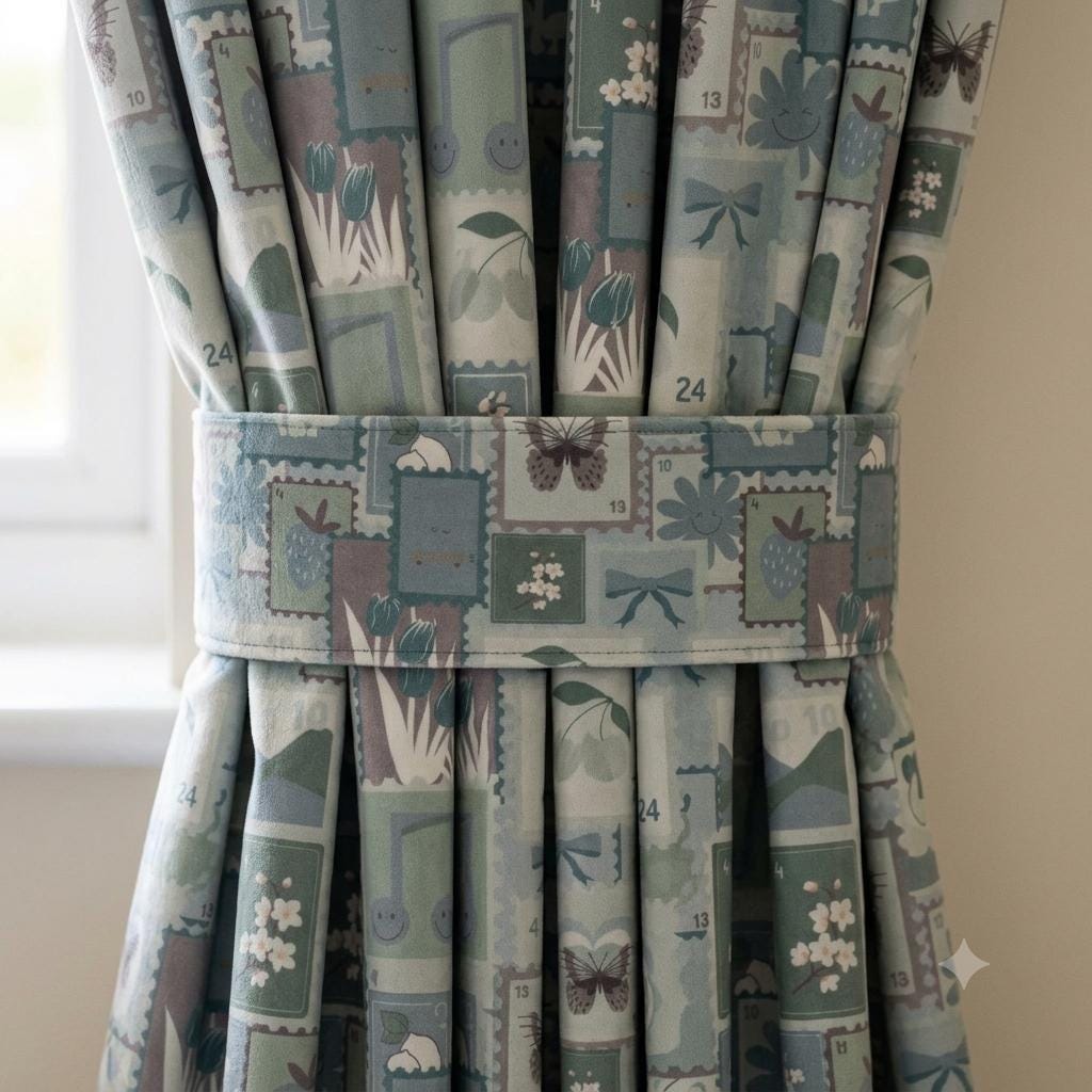 Pastel Blue Velvet Nursery Curtains, Bow & Butterfly Postage Stamp Print, Custom Kids Room Drapes, Optional Blackout Lining — image 1