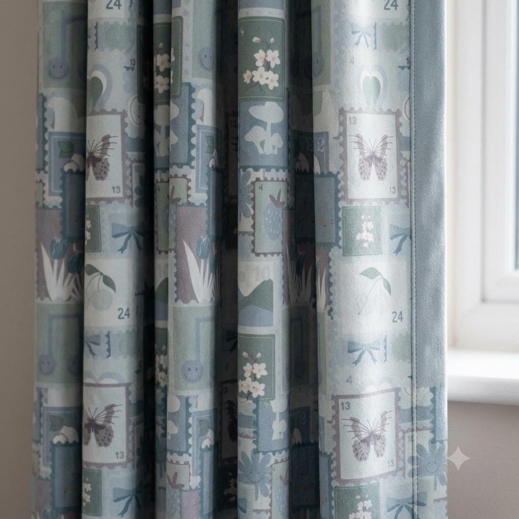 Pastel Blue Velvet Nursery Curtains, Bow & Butterfly Postage Stamp Print, Custom Kids Room Drapes, Optional Blackout Lining — image 7