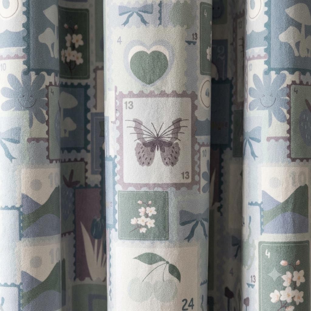 Pastel Blue Velvet Nursery Curtains, Bow & Butterfly Postage Stamp Print, Custom Kids Room Drapes, Optional Blackout Lining — image 5