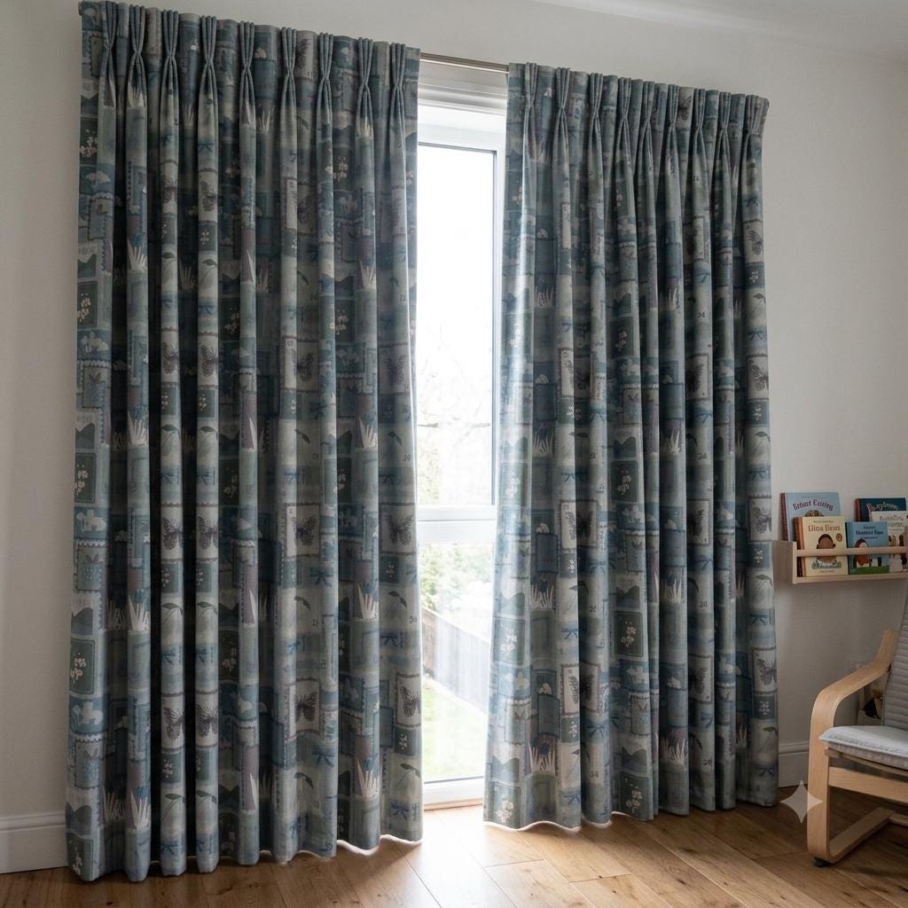 Pastel Blue Velvet Nursery Curtains, Bow & Butterfly Postage Stamp Print, Custom Kids Room Drapes, Optional Blackout Lining — image 10