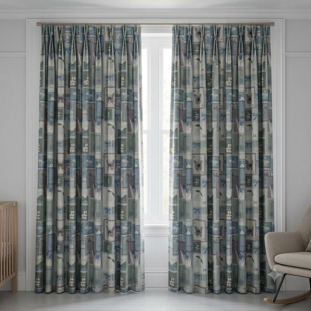 Pastel Blue Velvet Nursery Curtains, Bow & Butterfly Postage Stamp Print, Custom Kids Room Drapes, Optional Blackout Lining — image 8