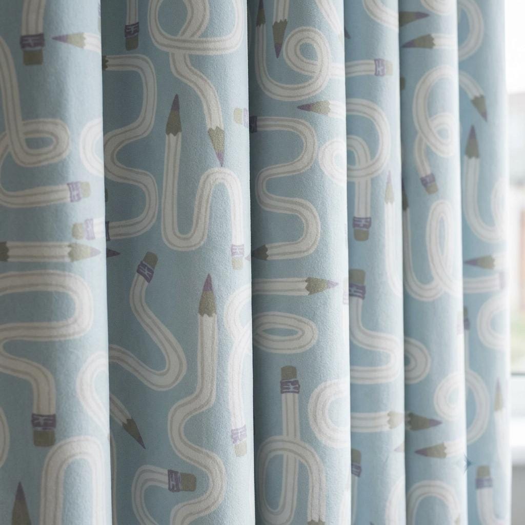 Light Blue Velvet Nursery Curtains, Whimsical Pencil Print, Custom Kids Room Drapes, Blackout Lining Option — image 5