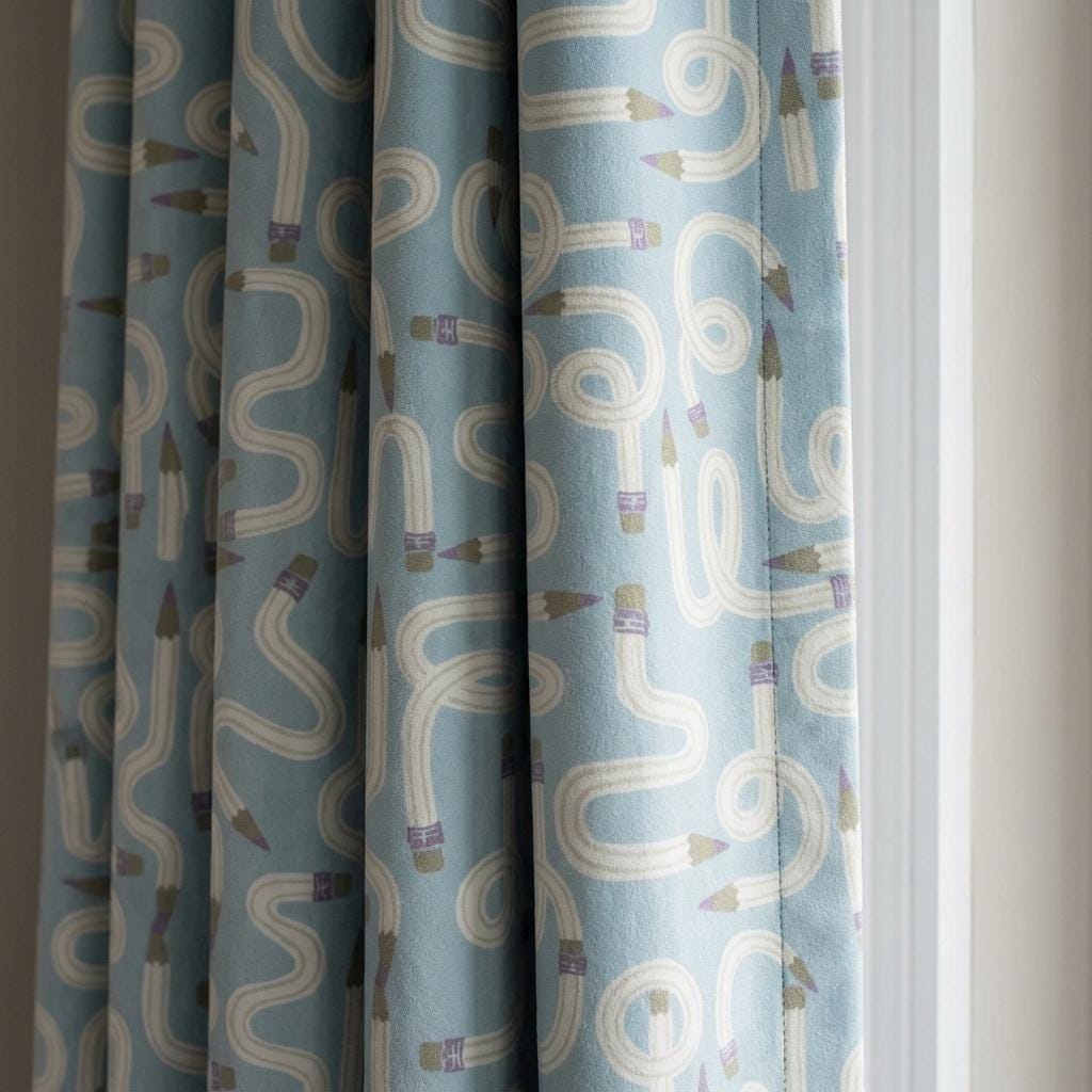 Light Blue Velvet Nursery Curtains, Whimsical Pencil Print, Custom Kids Room Drapes, Blackout Lining Option — image 4