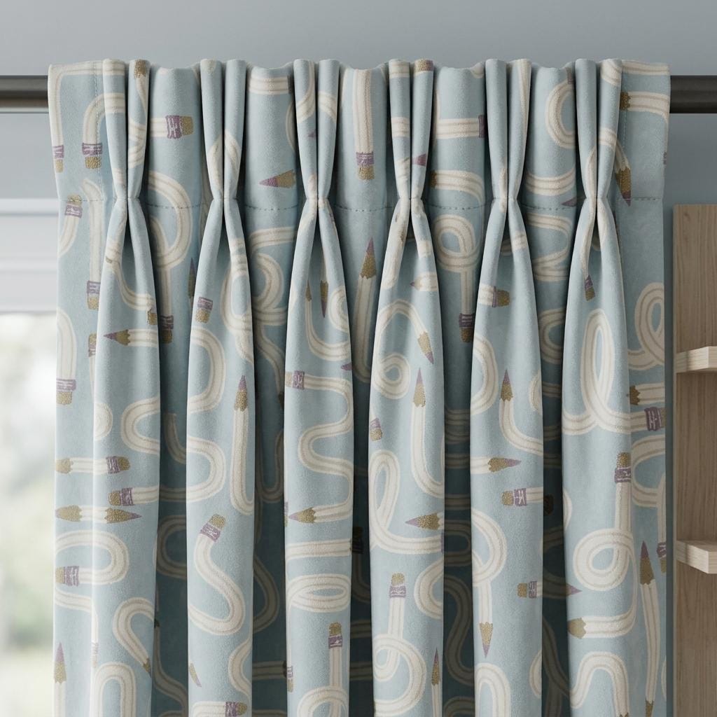 Light Blue Velvet Nursery Curtains, Whimsical Pencil Print, Custom Kids Room Drapes, Blackout Lining Option — image 3