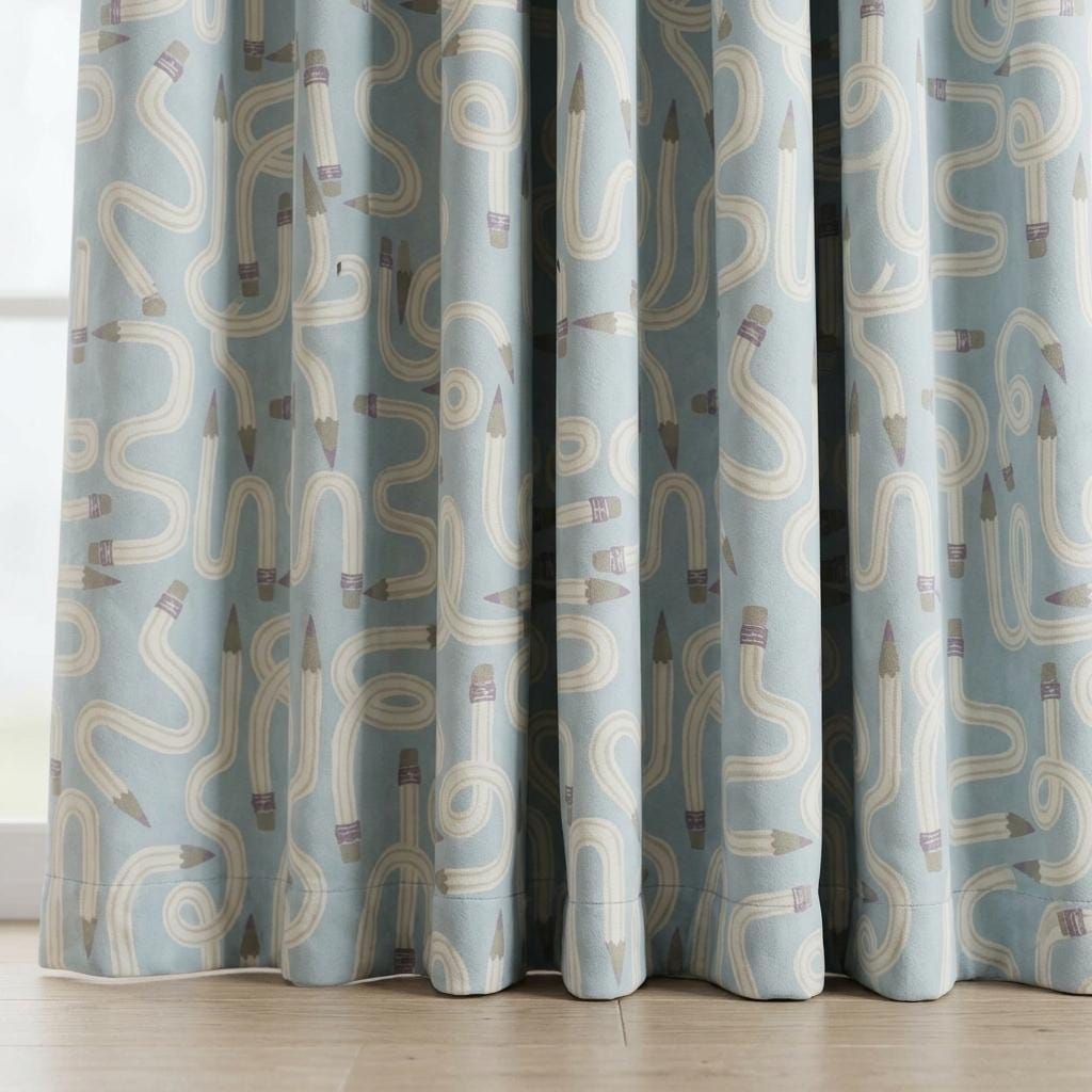 Light Blue Velvet Nursery Curtains, Whimsical Pencil Print, Custom Kids Room Drapes, Blackout Lining Option — image 7