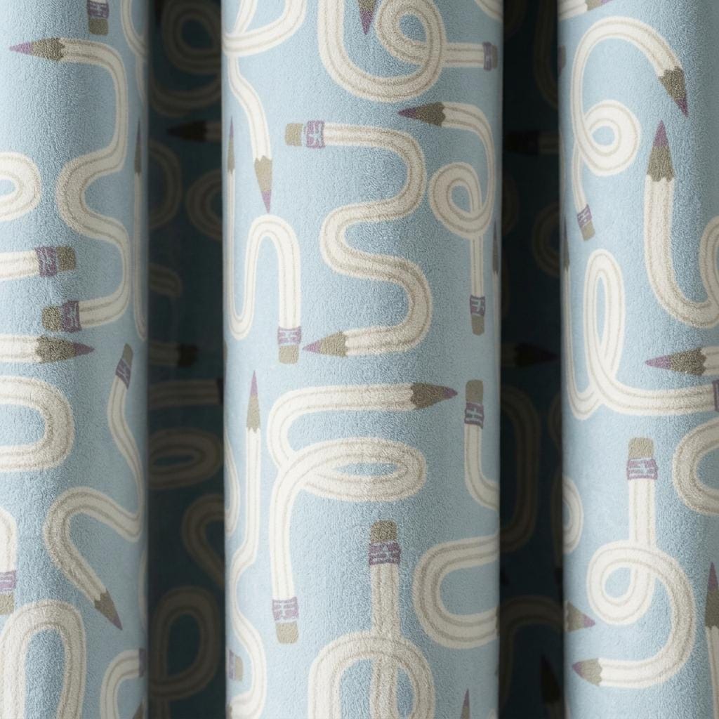 Light Blue Velvet Nursery Curtains, Whimsical Pencil Print, Custom Kids Room Drapes, Blackout Lining Option — image 9