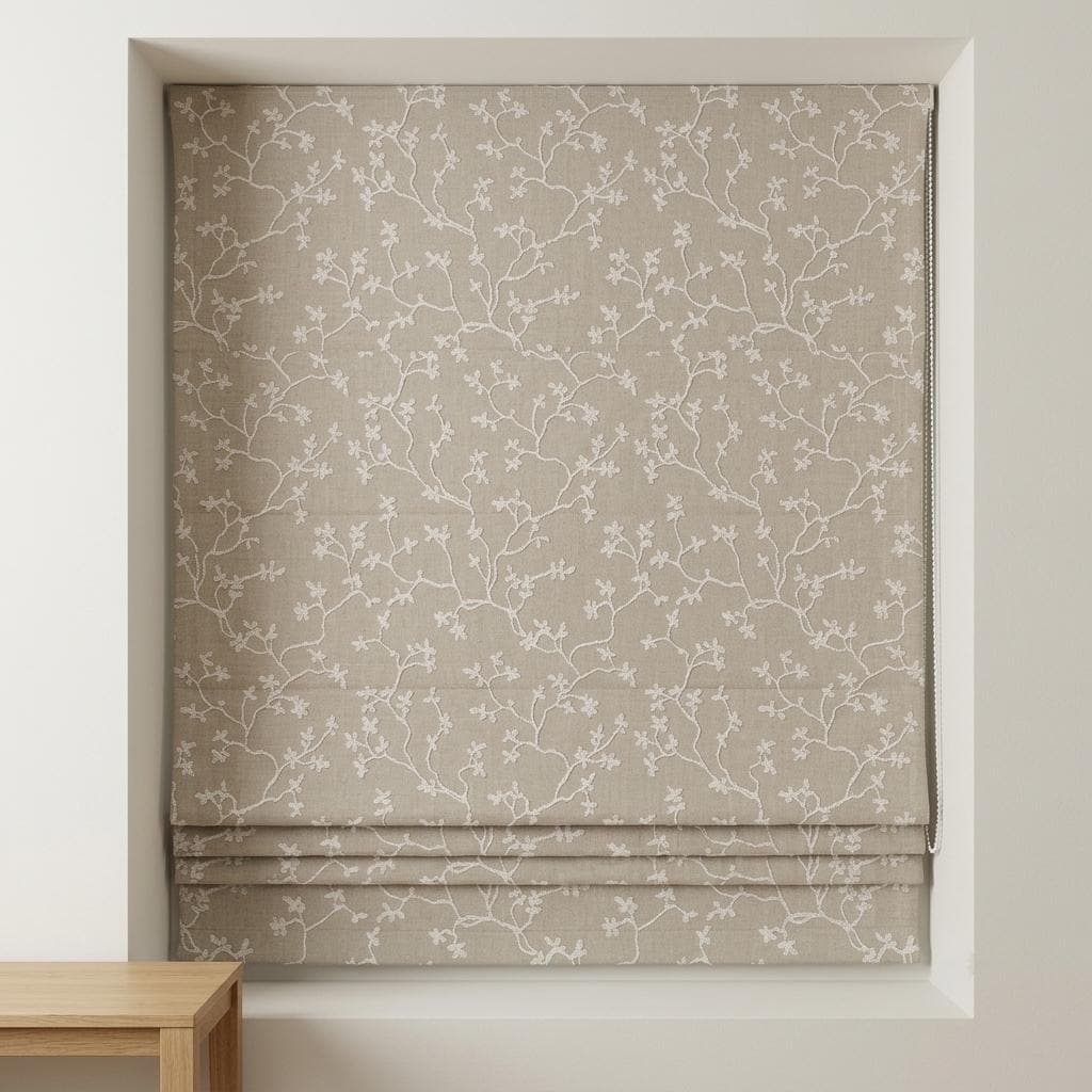 Natural Beige Linen Roman Shade, Ivory Floral Vine Embroidered Blind, Custom Corded Blackout Window Shade — image 6