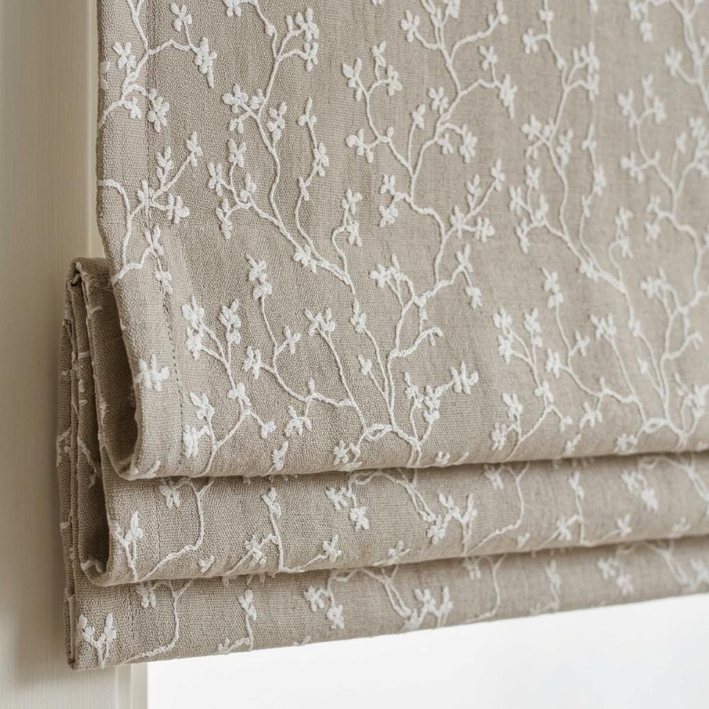 Natural Beige Linen Roman Shade, Ivory Floral Vine Embroidered Blind, Custom Corded Blackout Window Shade — image 3