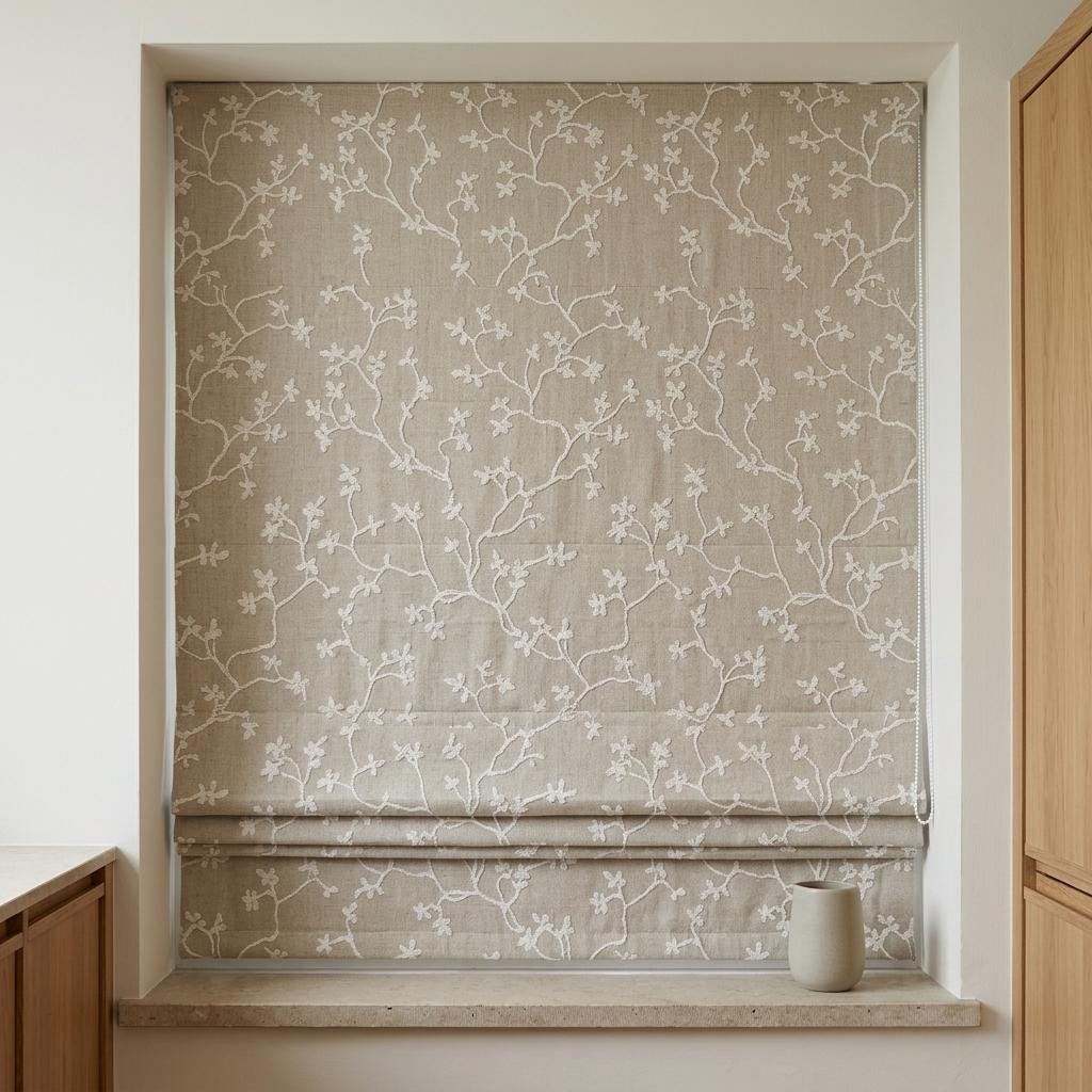 Natural Beige Linen Roman Shade, Ivory Floral Vine Embroidered Blind, Custom Corded Blackout Window Shade — image 9