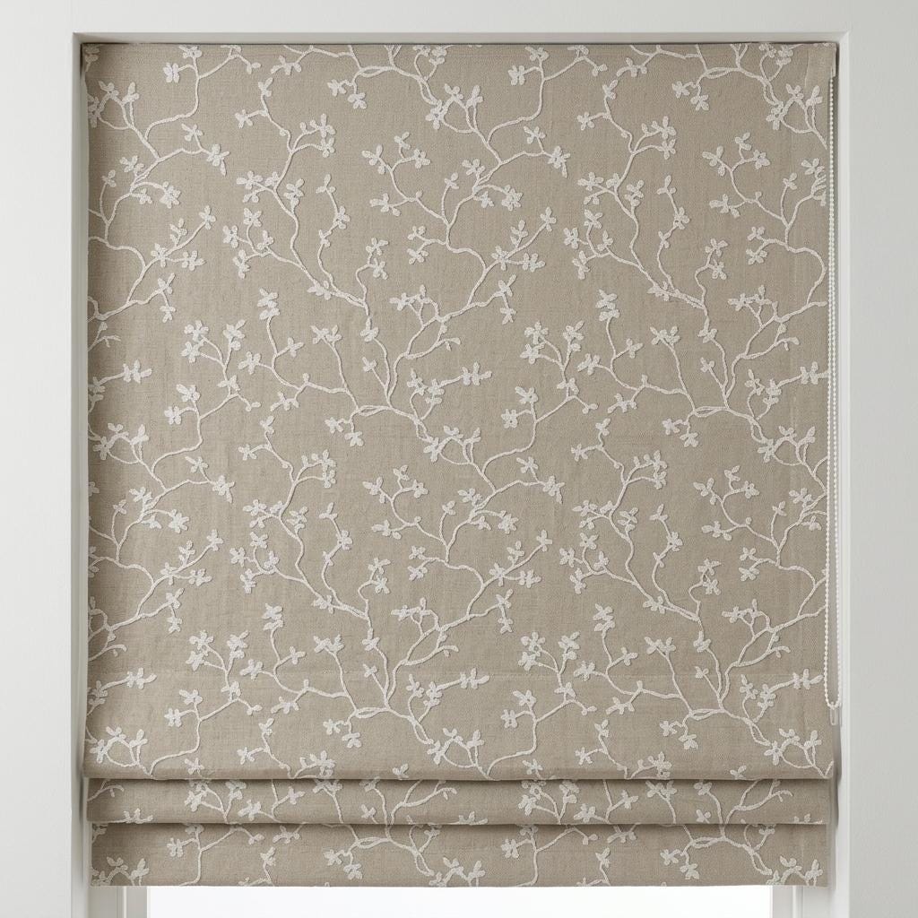 Natural Beige Linen Roman Shade, Ivory Floral Vine Embroidered Blind, Custom Corded Blackout Window Shade — image 2
