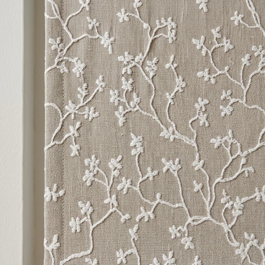 Natural Beige Linen Roman Shade, Ivory Floral Vine Embroidered Blind, Custom Corded Blackout Window Shade — image 4