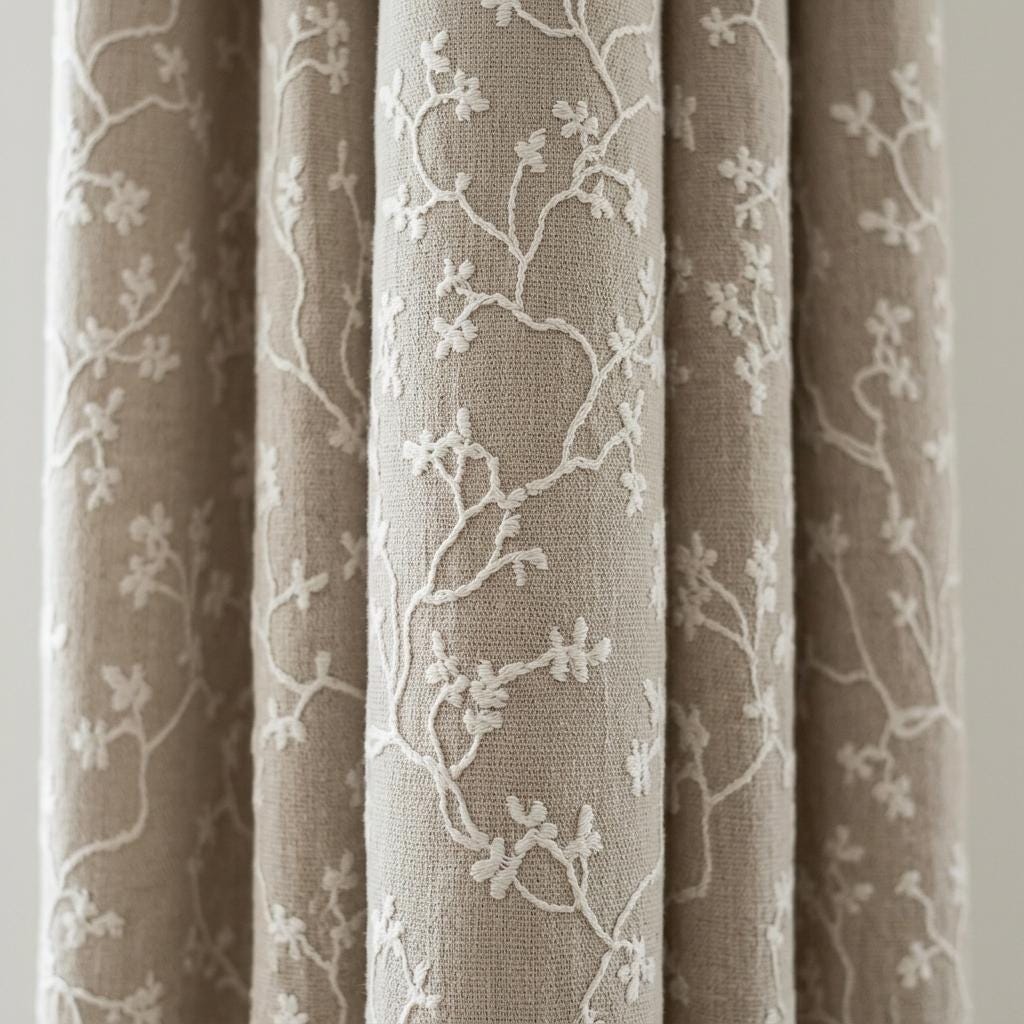 Oatmeal Beige Linen Curtains, White Floral Branch Embroidery, Custom Sizes, Optional Blackout Lining — image 6