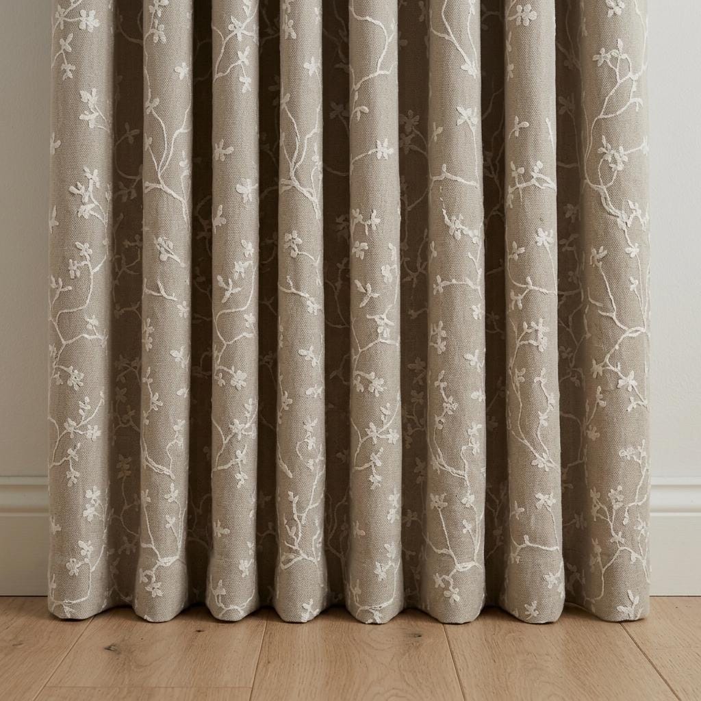 Oatmeal Beige Linen Curtains, White Floral Branch Embroidery, Custom Sizes, Optional Blackout Lining — image 4
