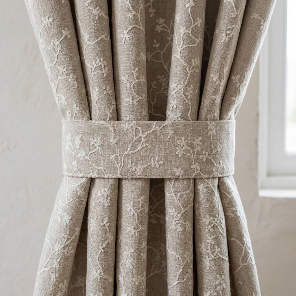 Oatmeal Beige Linen Curtains, White Floral Branch Embroidery, Custom Sizes, Optional Blackout Lining — image 2
