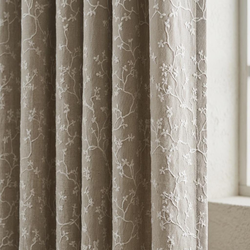 Oatmeal Beige Linen Curtains, White Floral Branch Embroidery, Custom Sizes, Optional Blackout Lining — image 1
