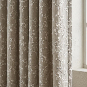 Oatmeal Beige Linen Curtains, White Floral Branch Embroidery, Custom Sizes, Optional Blackout Lining — image 1