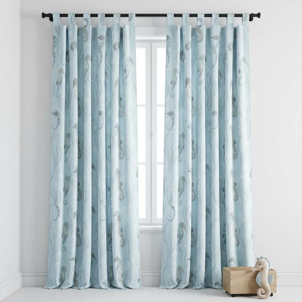 Light Blue Seahorse Velvet Curtains, Ocean Nursery & Kids Room Drapes, Custom Sizes, Optional Blackout Lining — image 6