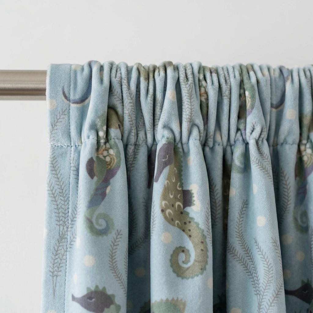 Light Blue Seahorse Velvet Curtains, Ocean Nursery & Kids Room Drapes, Custom Sizes, Optional Blackout Lining — image 3