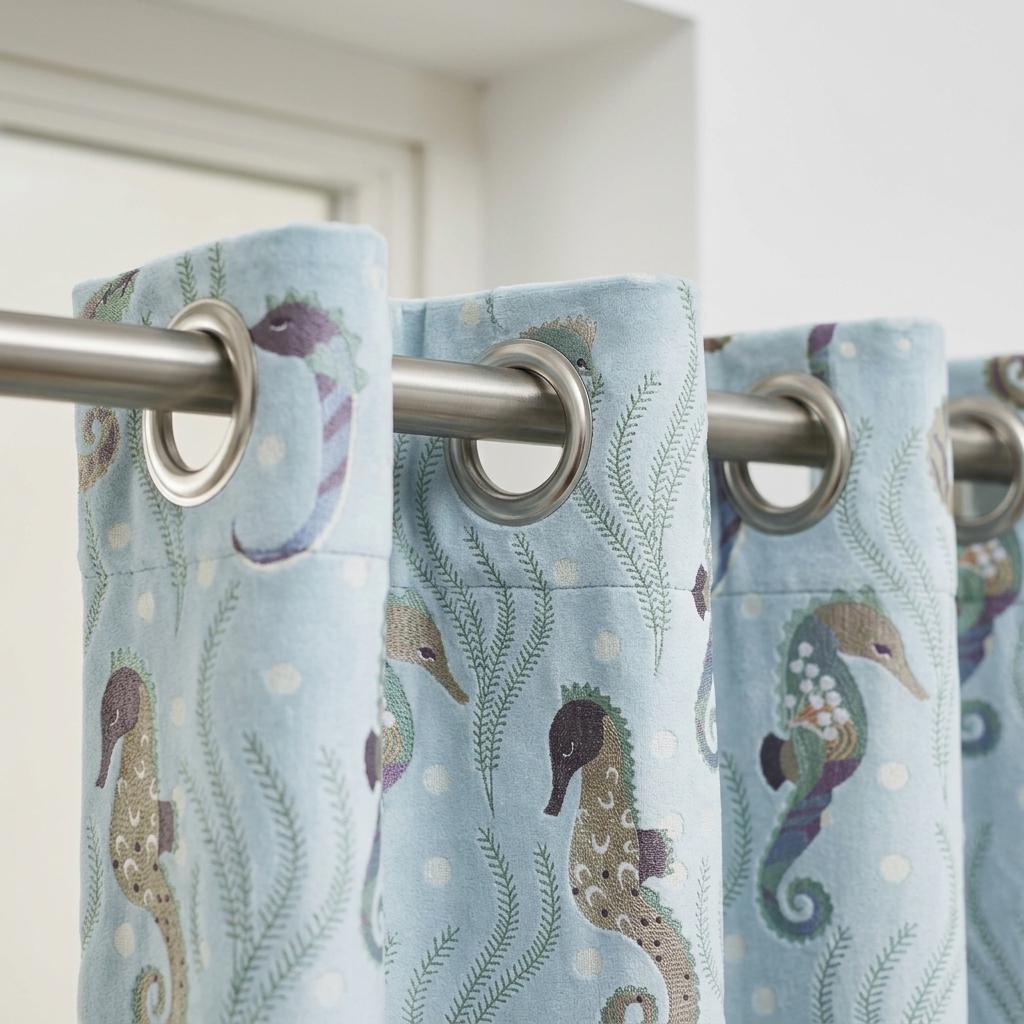 Light Blue Seahorse Velvet Curtains, Ocean Nursery & Kids Room Drapes, Custom Sizes, Optional Blackout Lining — image 7