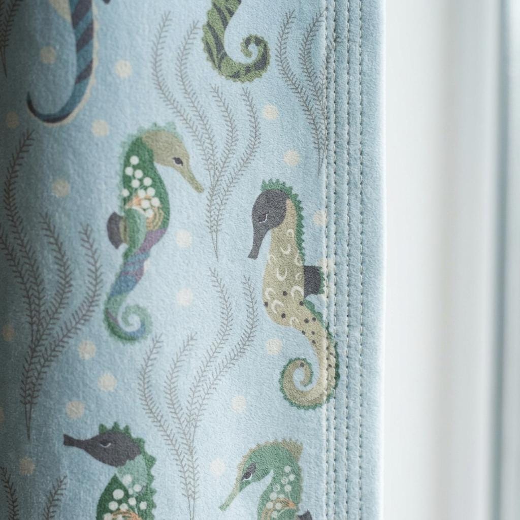 Light Blue Seahorse Velvet Curtains, Ocean Nursery & Kids Room Drapes, Custom Sizes, Optional Blackout Lining — image 5
