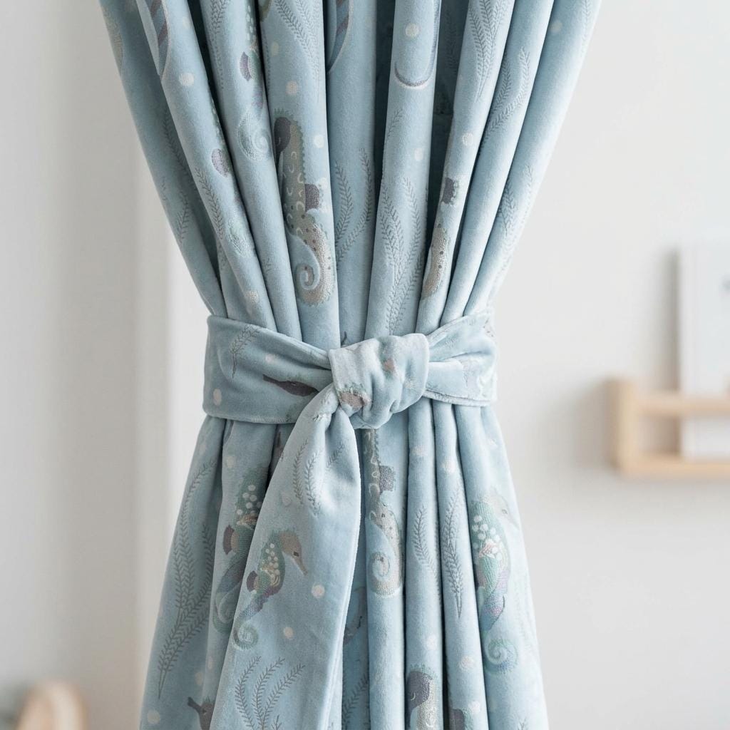 Light Blue Seahorse Velvet Curtains, Ocean Nursery & Kids Room Drapes, Custom Sizes, Optional Blackout Lining — image 1