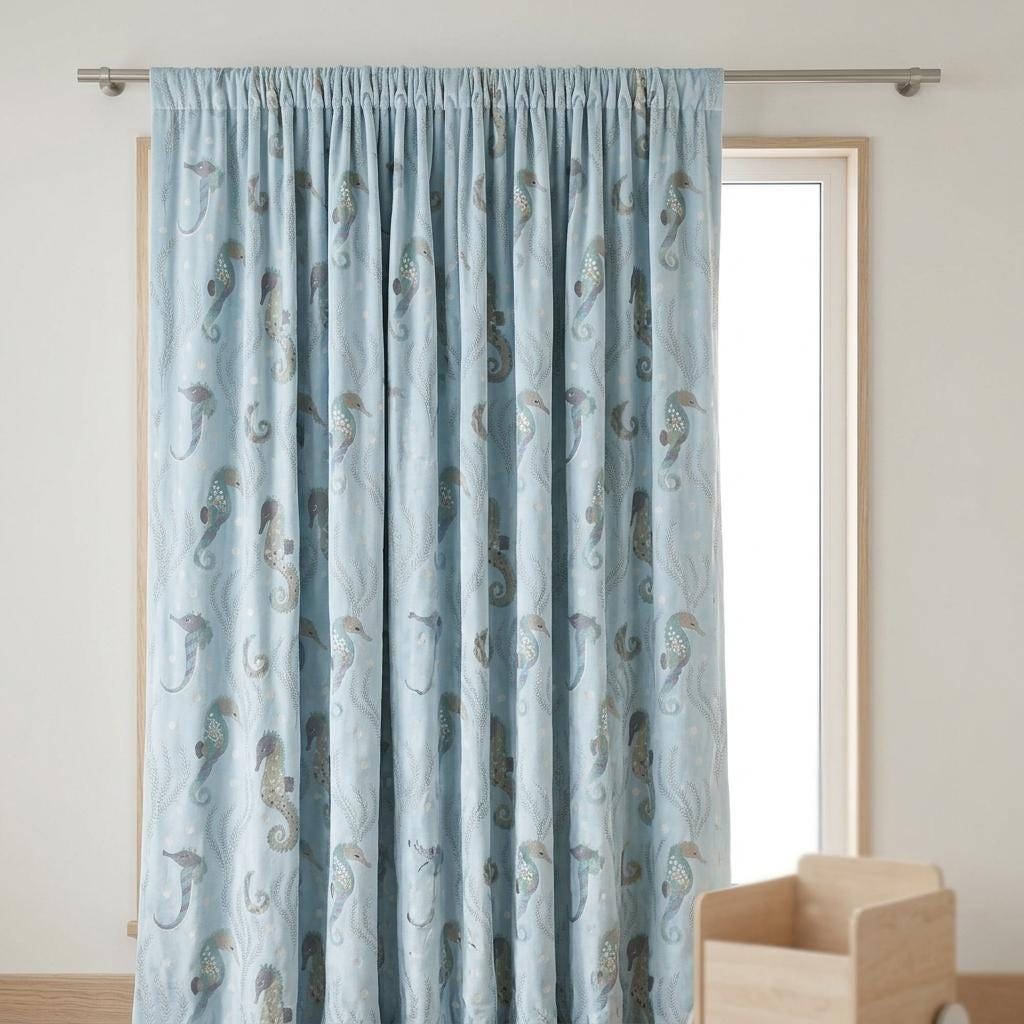 Light Blue Seahorse Velvet Curtains, Ocean Nursery & Kids Room Drapes, Custom Sizes, Optional Blackout Lining — image 4