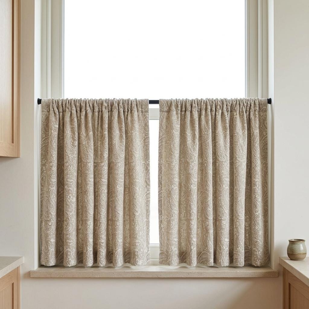 Beige Linen Curtains with Ivory Paisley Embroidery, Custom Sizes, Optional Blackout Lining — image 6