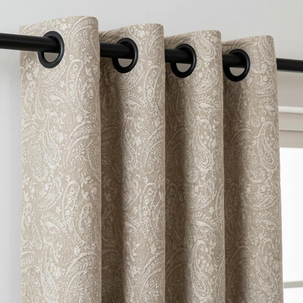 Beige Linen Curtains with Ivory Paisley Embroidery, Custom Sizes, Optional Blackout Lining — image 3