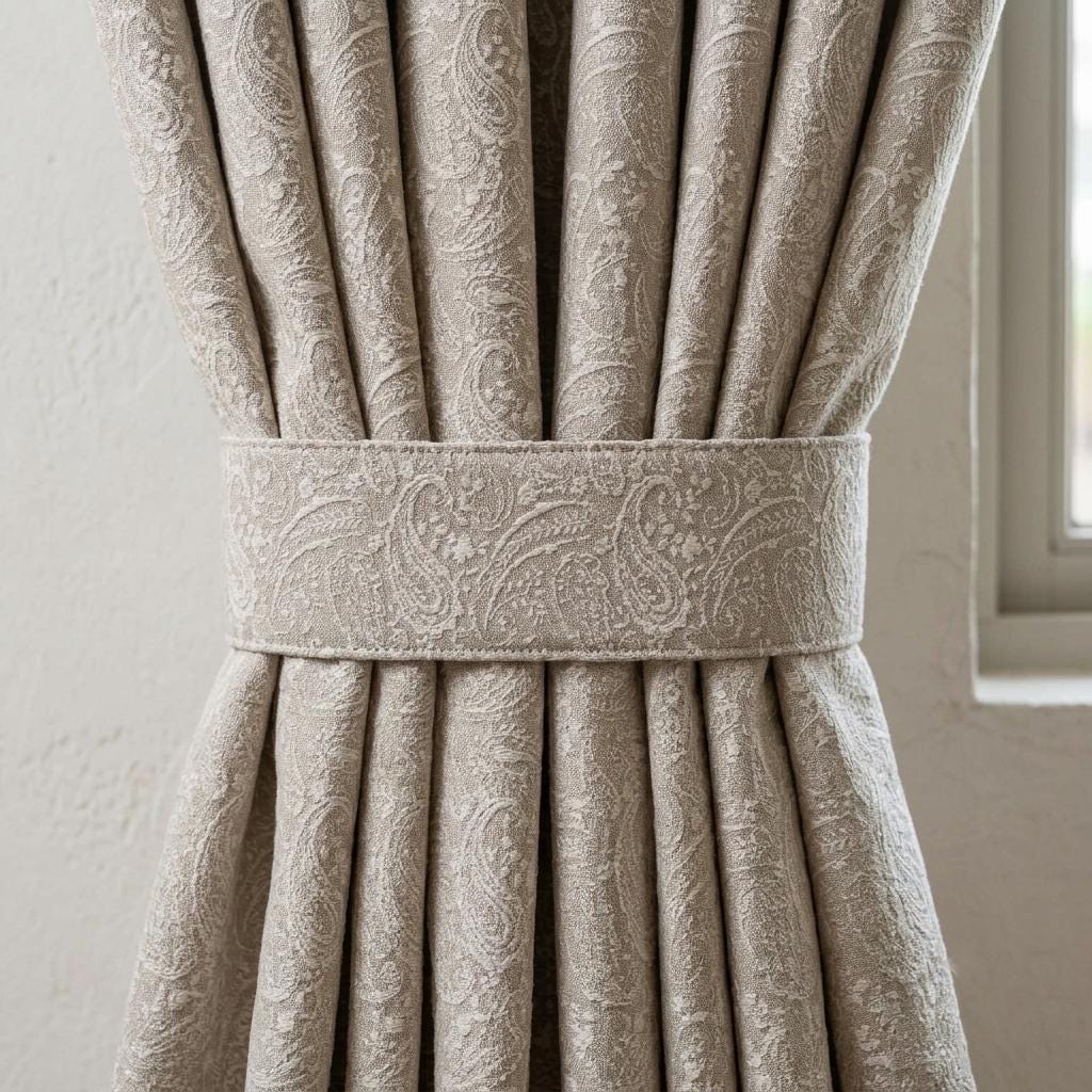 Beige Linen Curtains with Ivory Paisley Embroidery, Custom Sizes, Optional Blackout Lining — image 2