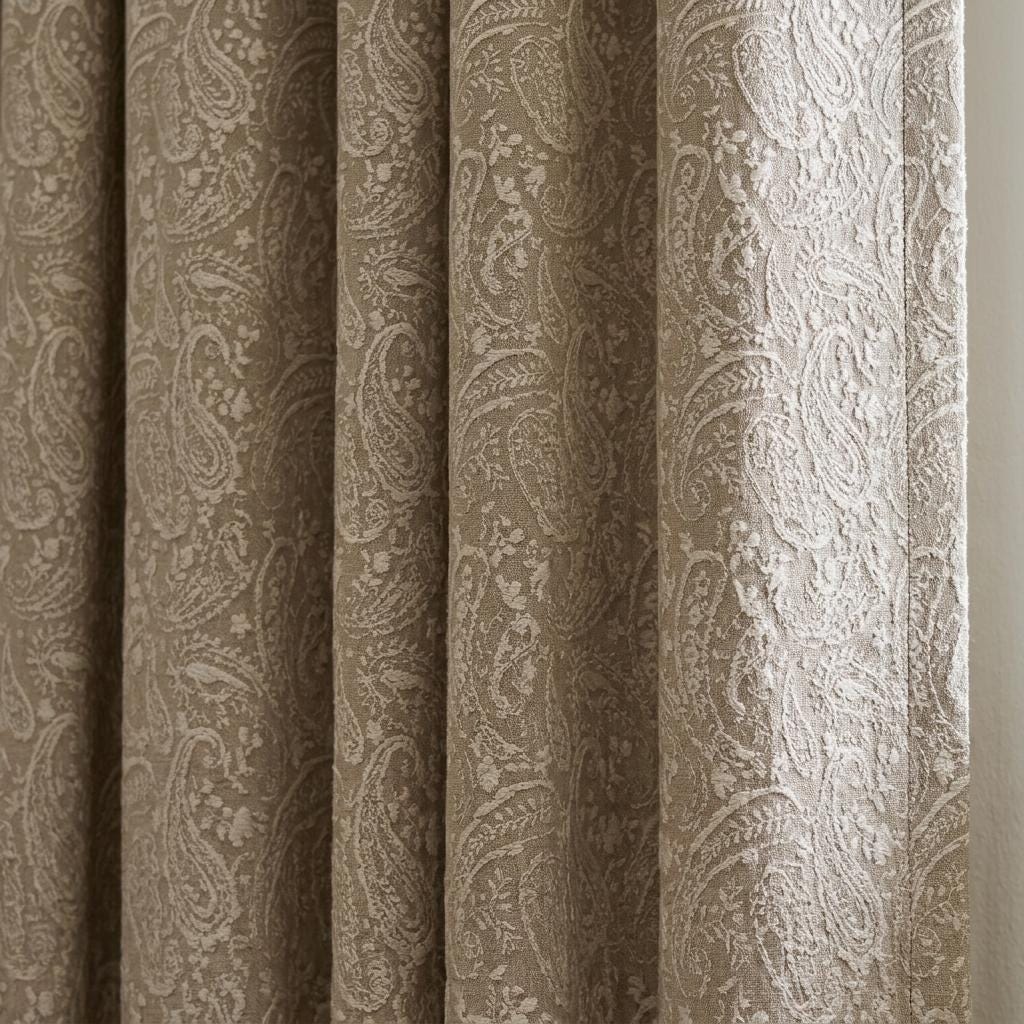 Beige Linen Curtains with Ivory Paisley Embroidery, Custom Sizes, Optional Blackout Lining — image 1