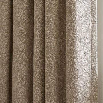 Beige Linen Curtains with Ivory Paisley Embroidery, Custom Sizes, Optional Blackout Lining — image 1