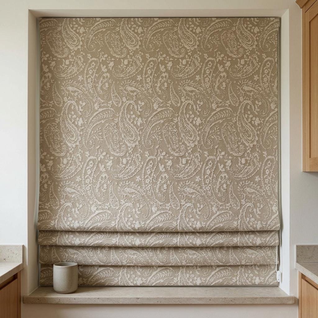 Natural Beige Linen Roman Shade, Ivory Paisley Floral Embroidered Blind, Custom Corded Blackout Window Shade — image 5