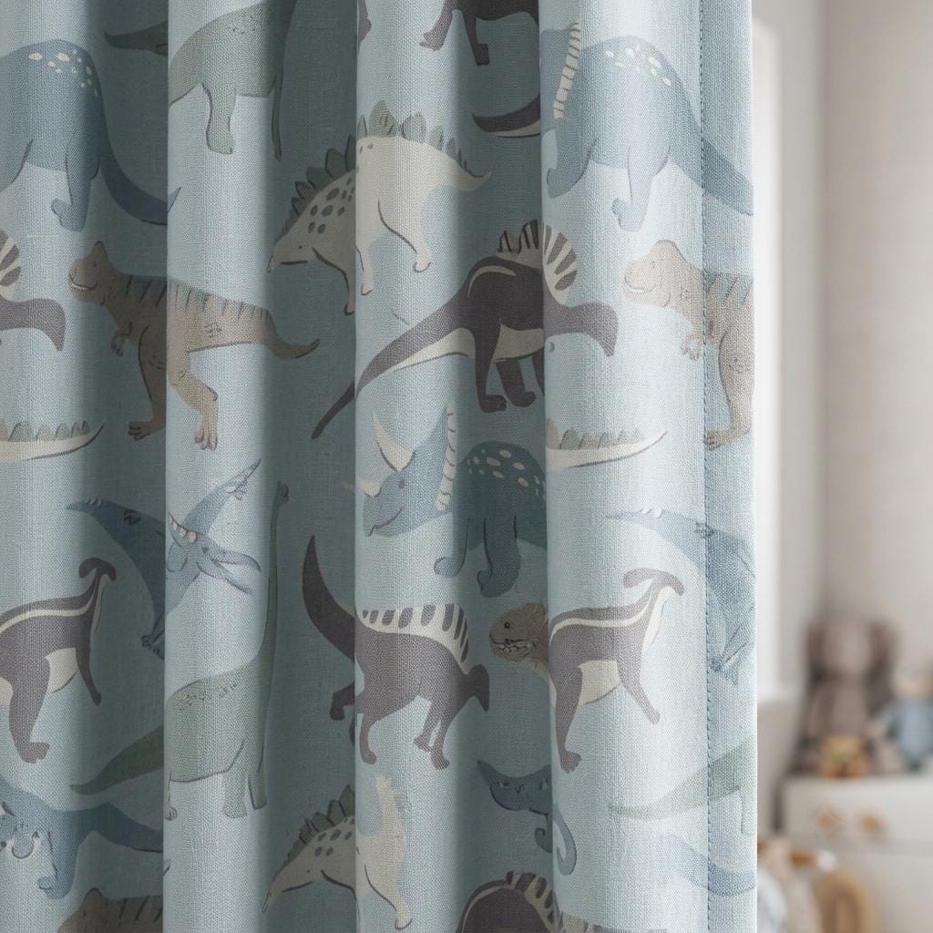 Light Blue Dinosaur Linen Curtains, Kids Room & Nursery Drapes, Custom Sizes, Optional Blackout Lining — image 1