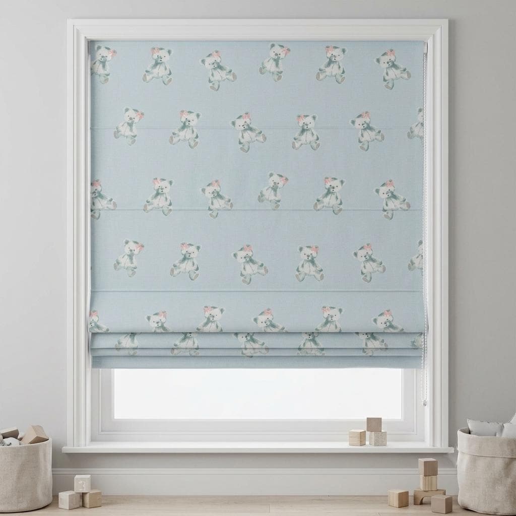 Pale Blue Teddy Bear Linen Roman Shade, Sage Green Bears & Pink Bows, Custom Corded Nursery Blind, Blackout Option — image 6