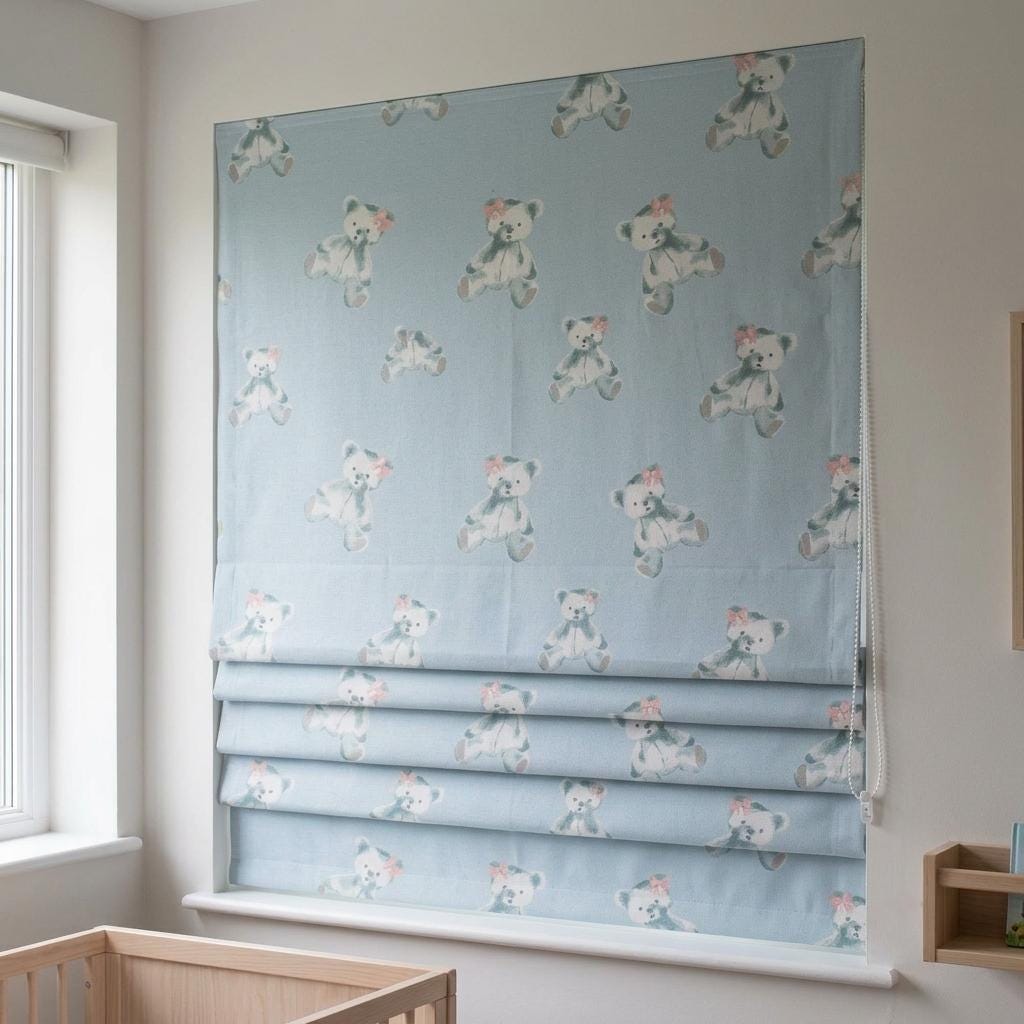 Pale Blue Teddy Bear Linen Roman Shade, Sage Green Bears & Pink Bows, Custom Corded Nursery Blind, Blackout Option — image 2