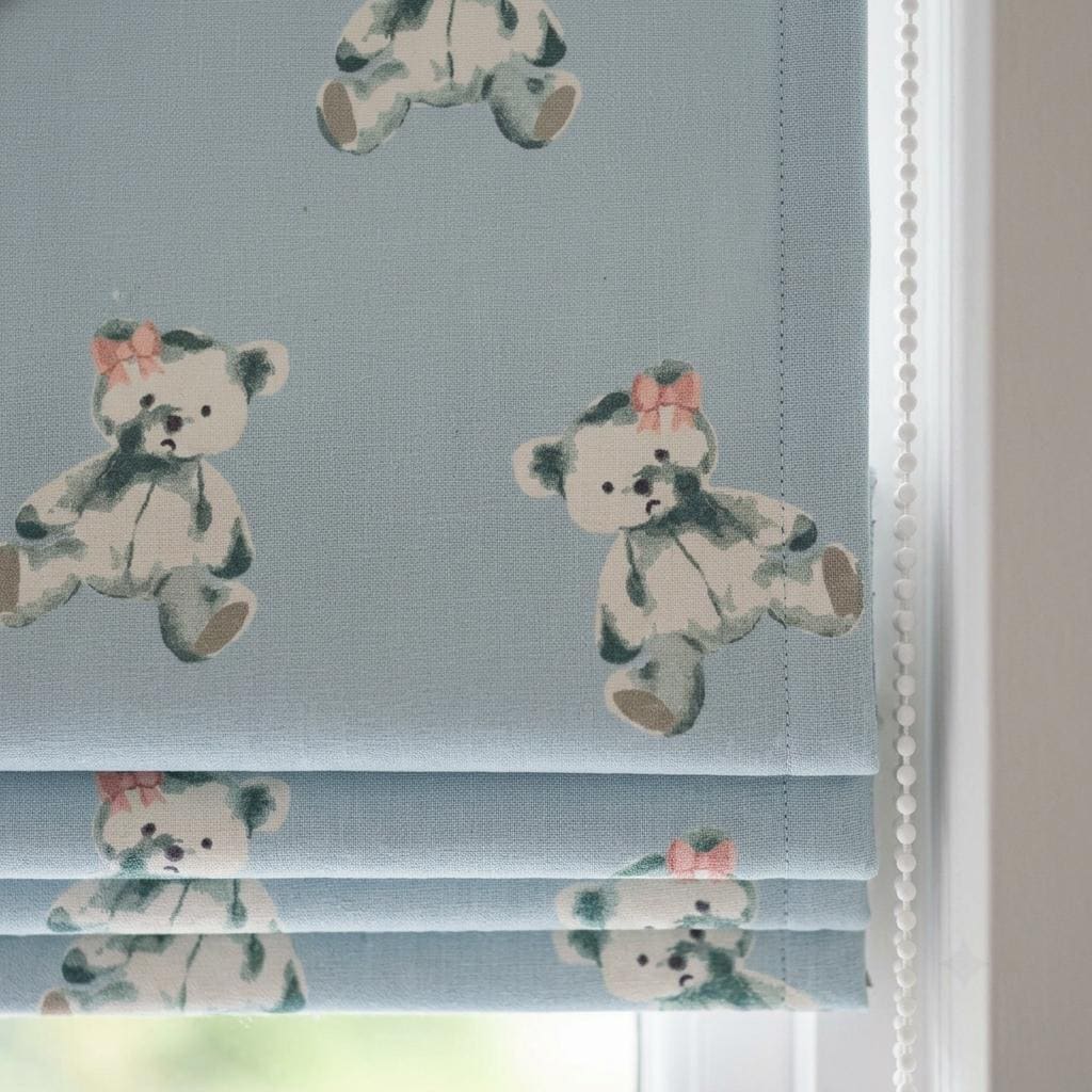 Pale Blue Teddy Bear Linen Roman Shade, Sage Green Bears & Pink Bows, Custom Corded Nursery Blind, Blackout Option — image 1