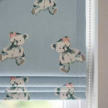 Pale Blue Teddy Bear Linen Roman Shade, Sage Green Bears & Pink Bows, Custom Corded Nursery Blind, Blackout Option — image 1