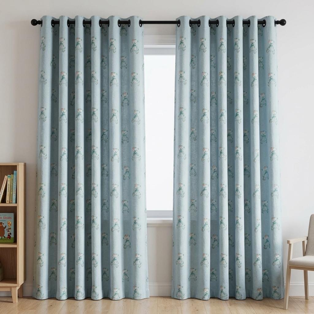 Light Blue Teddy Bear Linen Curtains with Pink Bows, Nursery & Kids Room Drapes, Custom Size, Optional Blackout Lining — image 6