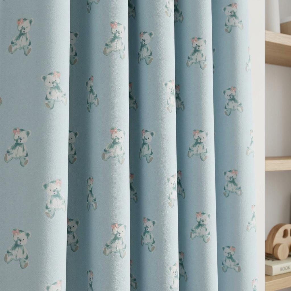 Light Blue Teddy Bear Linen Curtains with Pink Bows, Nursery & Kids Room Drapes, Custom Size, Optional Blackout Lining — image 9